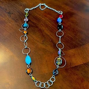 Silver long necklace with colorful stones